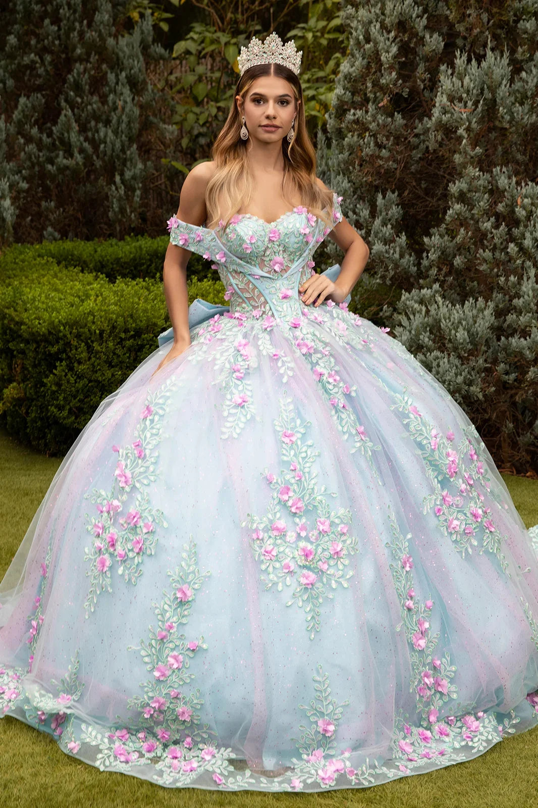 3d flower applique embellished deep v neck roll off shoulder strap corset with detachable back bow GLGL3523