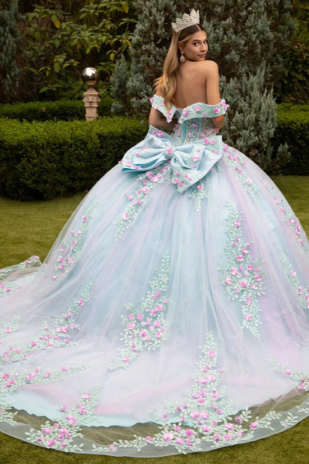 3d flower applique embellished deep v neck roll off shoulder strap corset with detachable back bow GLGL3523