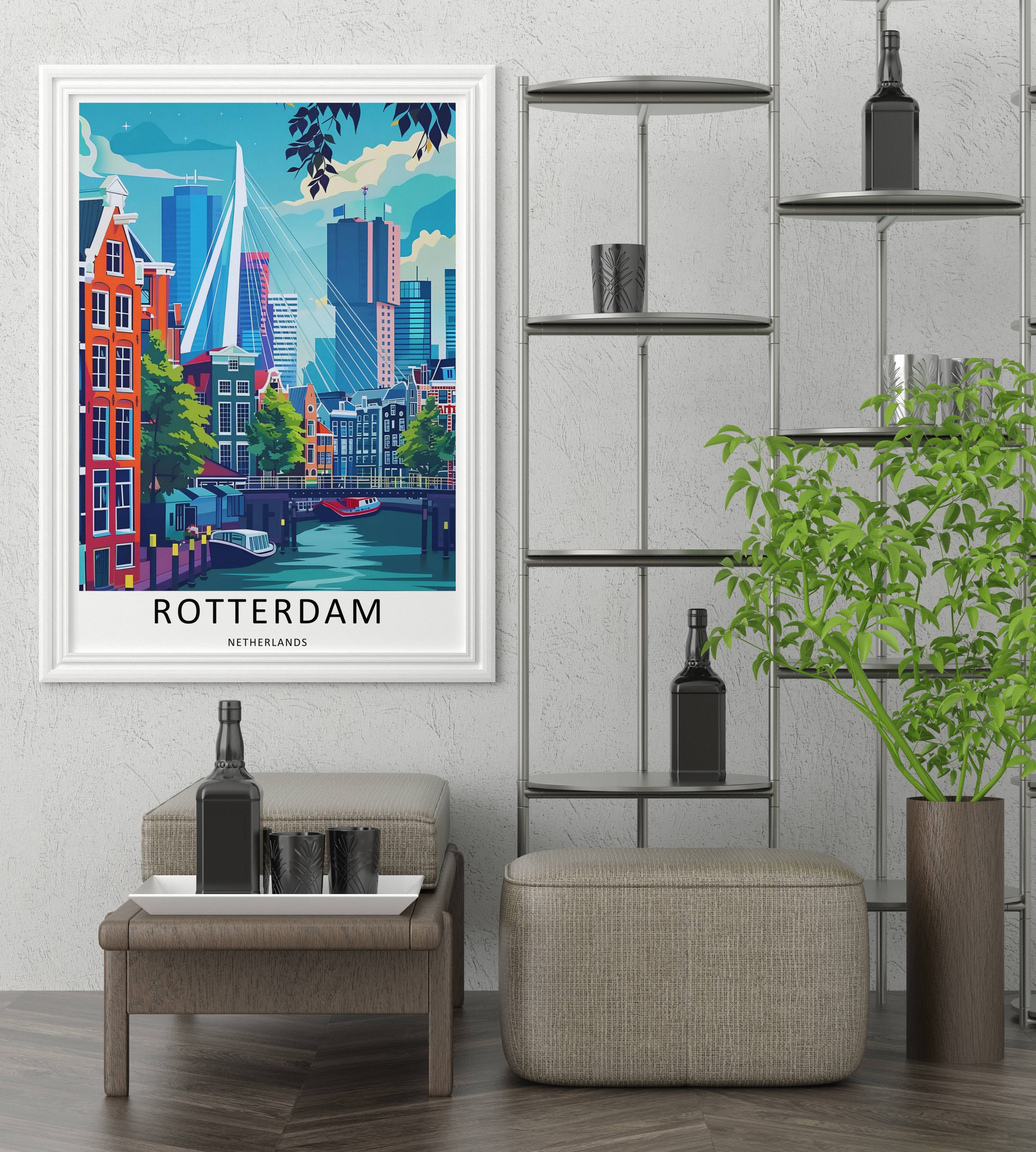 Rotterdam Poster Canal House Erasmus Bridge Travel Art