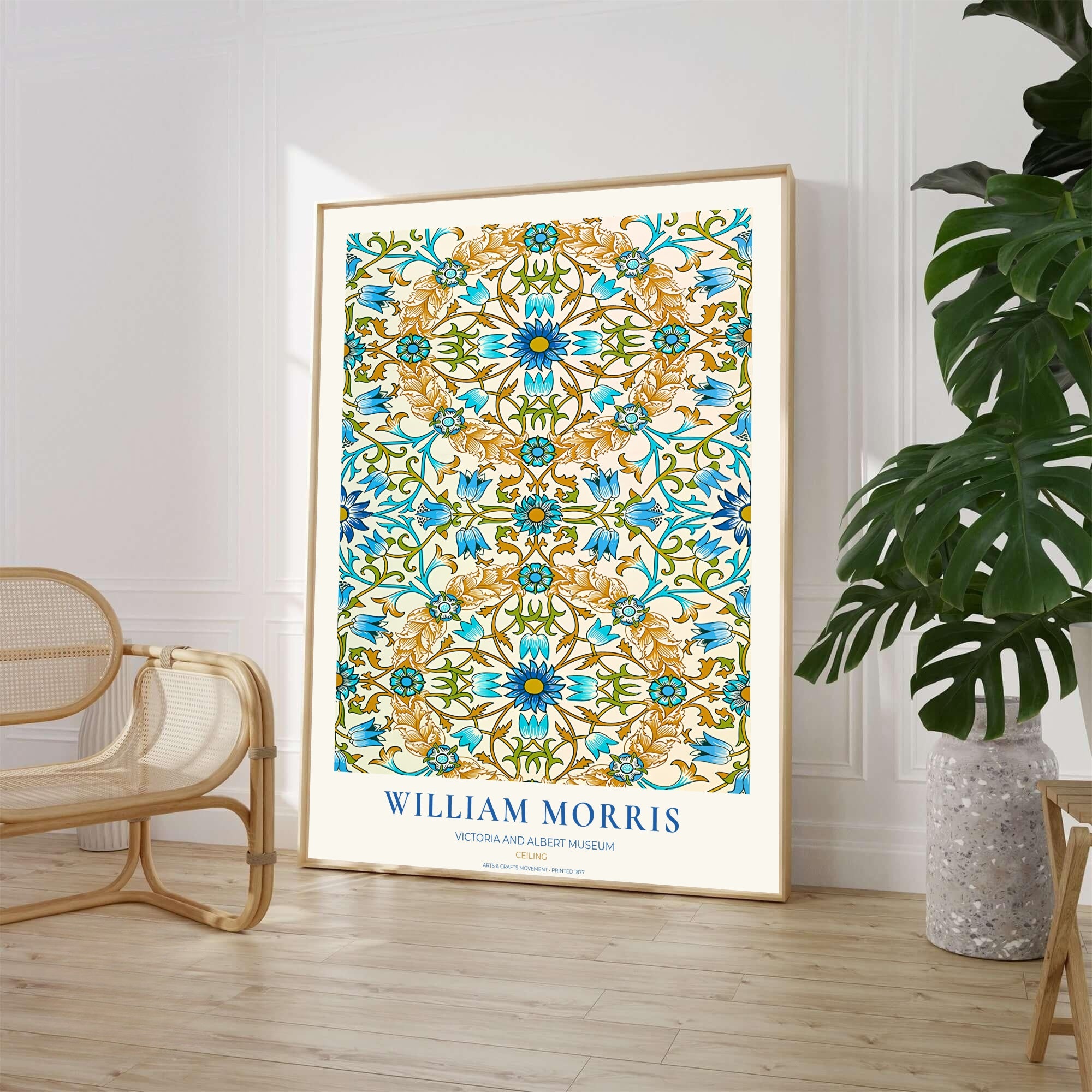 William Morris Ceiling Blue Gold Ochre Tile Floral Vintage Exhibition Framed Art Poster