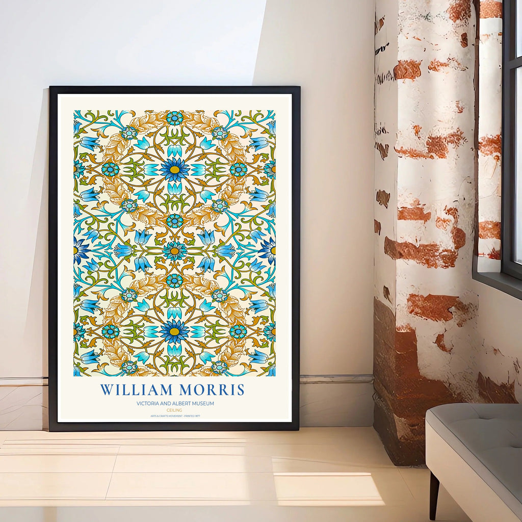 William Morris Ceiling Blue Gold Ochre Tile Floral Vintage Exhibition Framed Art Poster