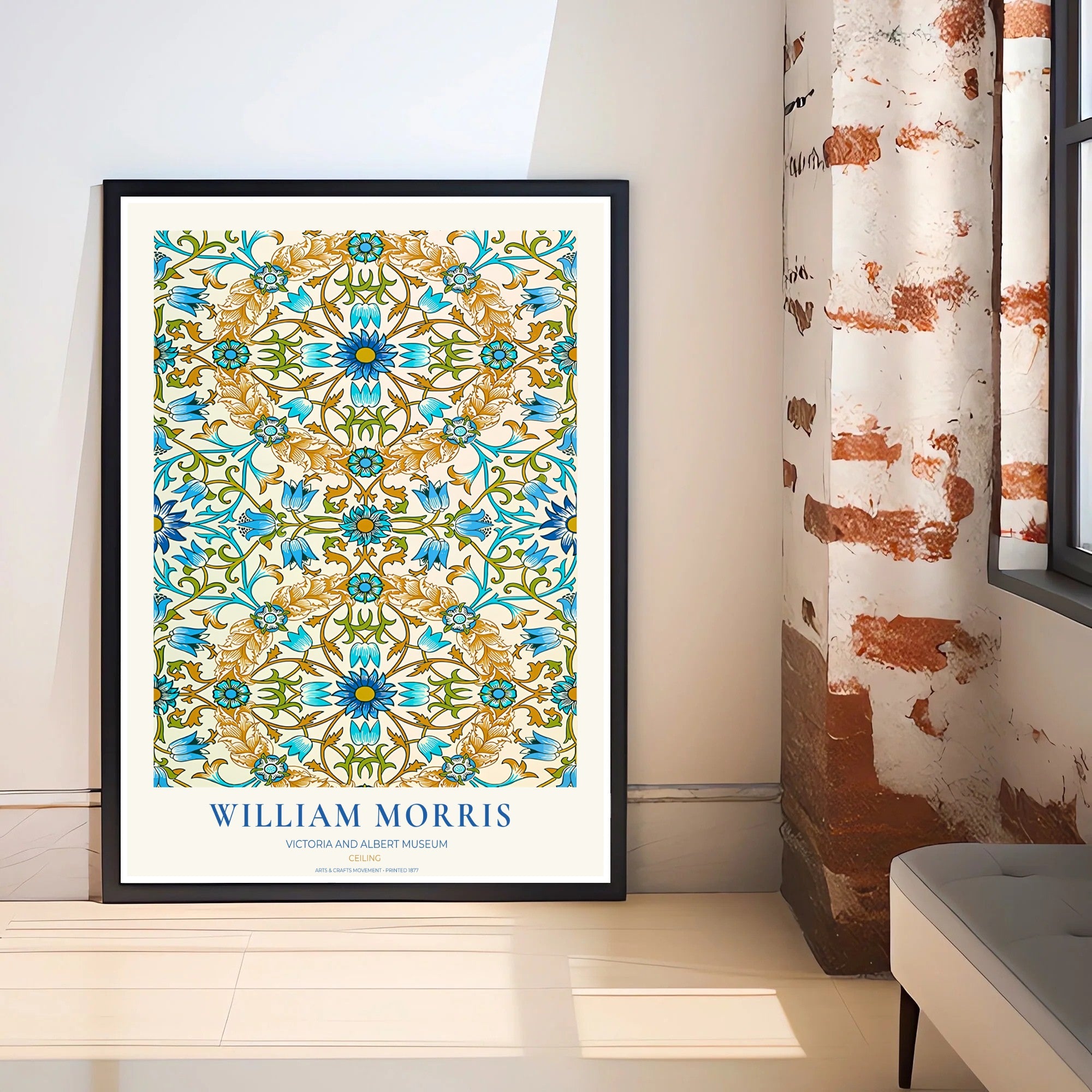 William Morris Ceiling Blue Gold Ochre Tile Floral Vintage Exhibition Framed Art Poster
