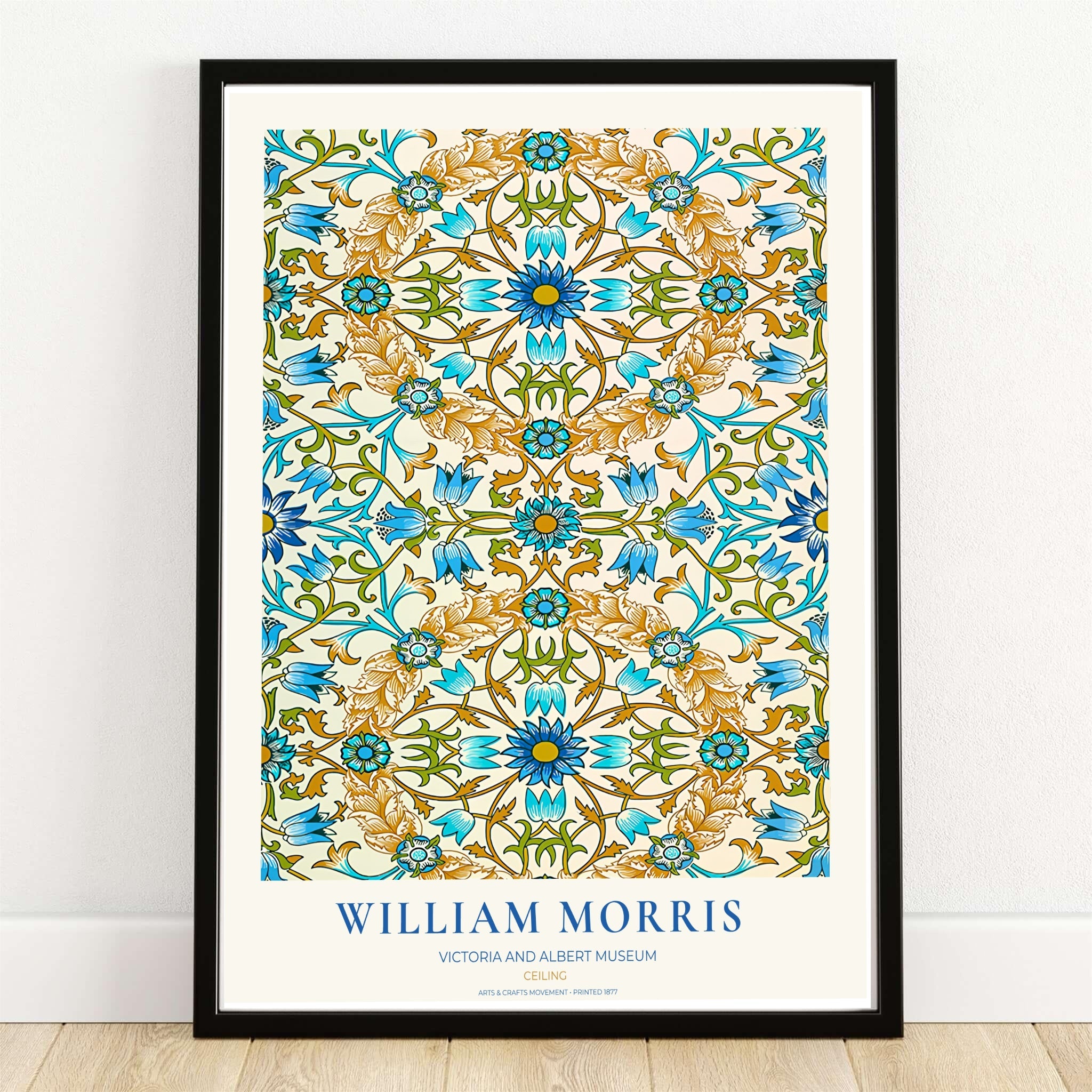 William Morris Ceiling Blue Gold Ochre Tile Floral Vintage Exhibition Framed Art Poster