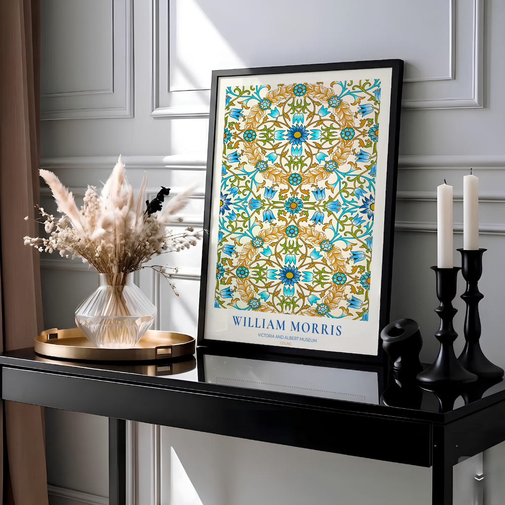William Morris Ceiling Blue Gold Ochre Tile Floral Vintage Exhibition Framed Art Poster