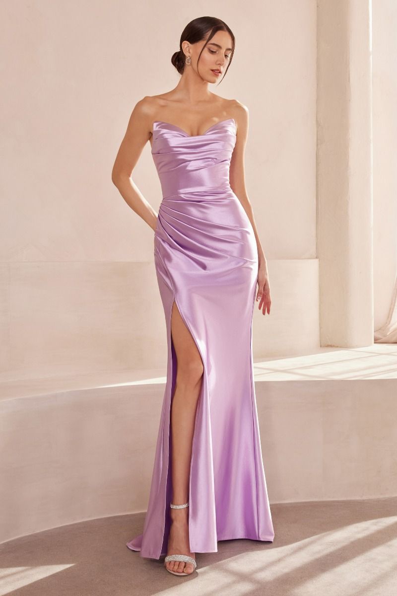 Sheath Satin V-Neck Open Back High Slit Floor-Length Formal Gown - CDT704
